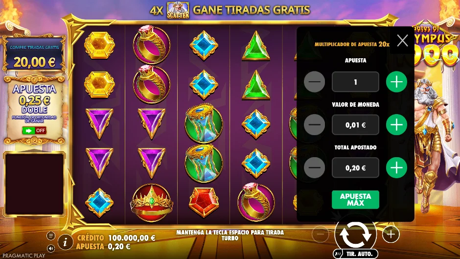 Gates of Olympus 1000 — menú de apuesta