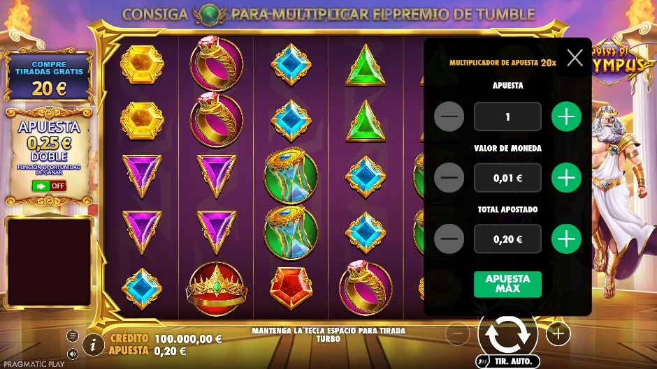 Gates of Olympus — menú de apuesta