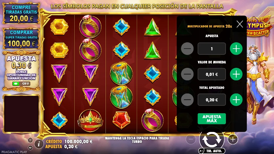 Gates of Olympus Super Scatter — menú de apuesta